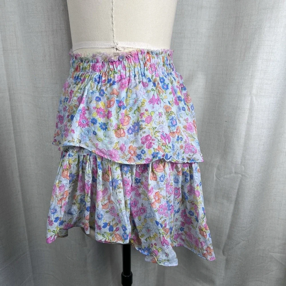 LoveShackFancy Ruffle Tiered Mini‎ Skirt Coral Reef Waves Floral Blue Small